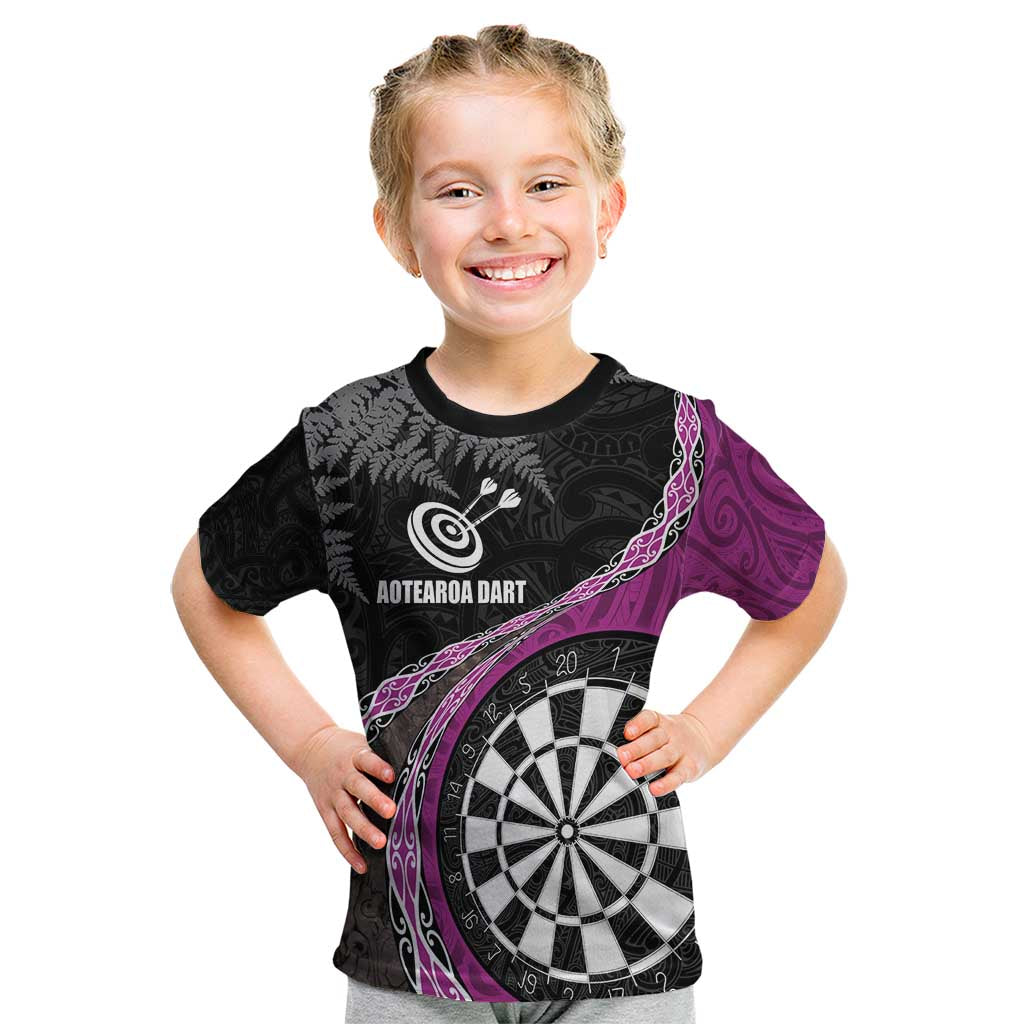 Personalised New Zealand Darts Kid T Shirt Koru Tribal Tattoo and Silver Fern Maori Pattern Pink Color