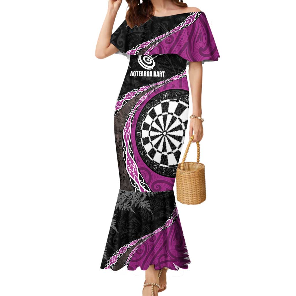 Personalised New Zealand Darts Mermaid Dress Koru Tribal Tattoo and Silver Fern Maori Pattern Pink Color