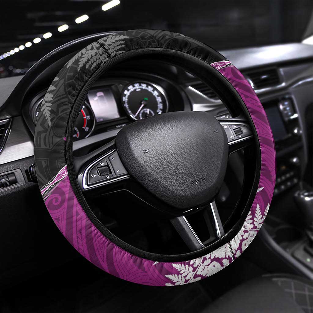 New Zealand Darts Steering Wheel Cover Koru Tribal Tattoo and Silver Fern Maori Pattern Pink Color LT03 Universal Fit Pink - Polynesian Pride