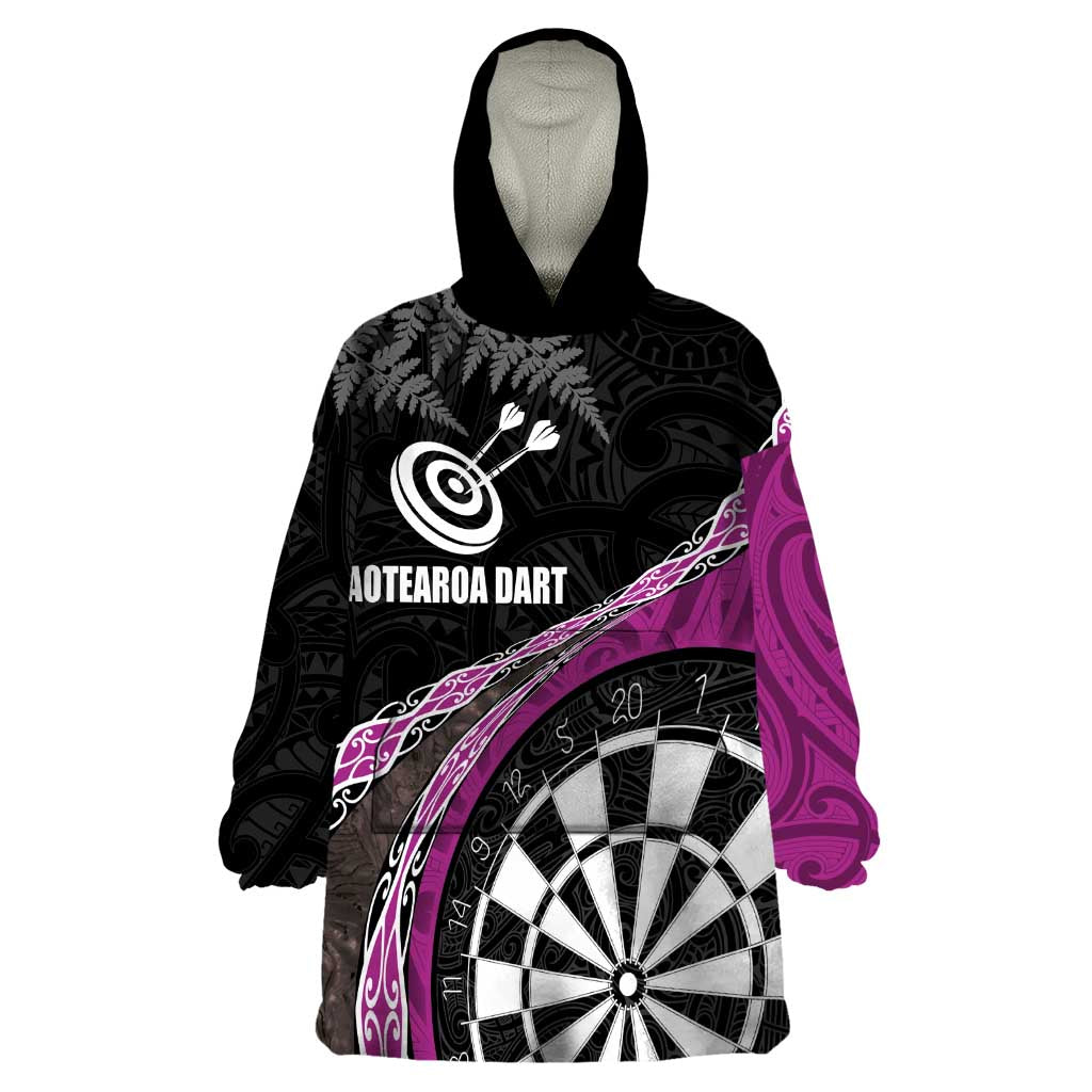 Personalised New Zealand Darts Wearable Blanket Hoodie Koru Tribal Tattoo and Silver Fern Maori Pattern Pink Color