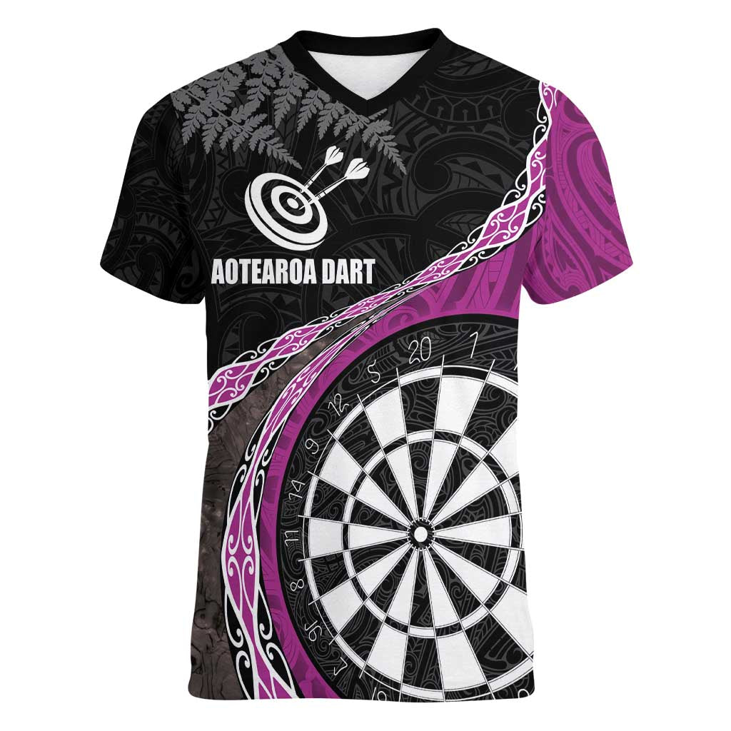 Personalised New Zealand Darts Women V-Neck T-Shirt Koru Tribal Tattoo and Silver Fern Maori Pattern Pink Color