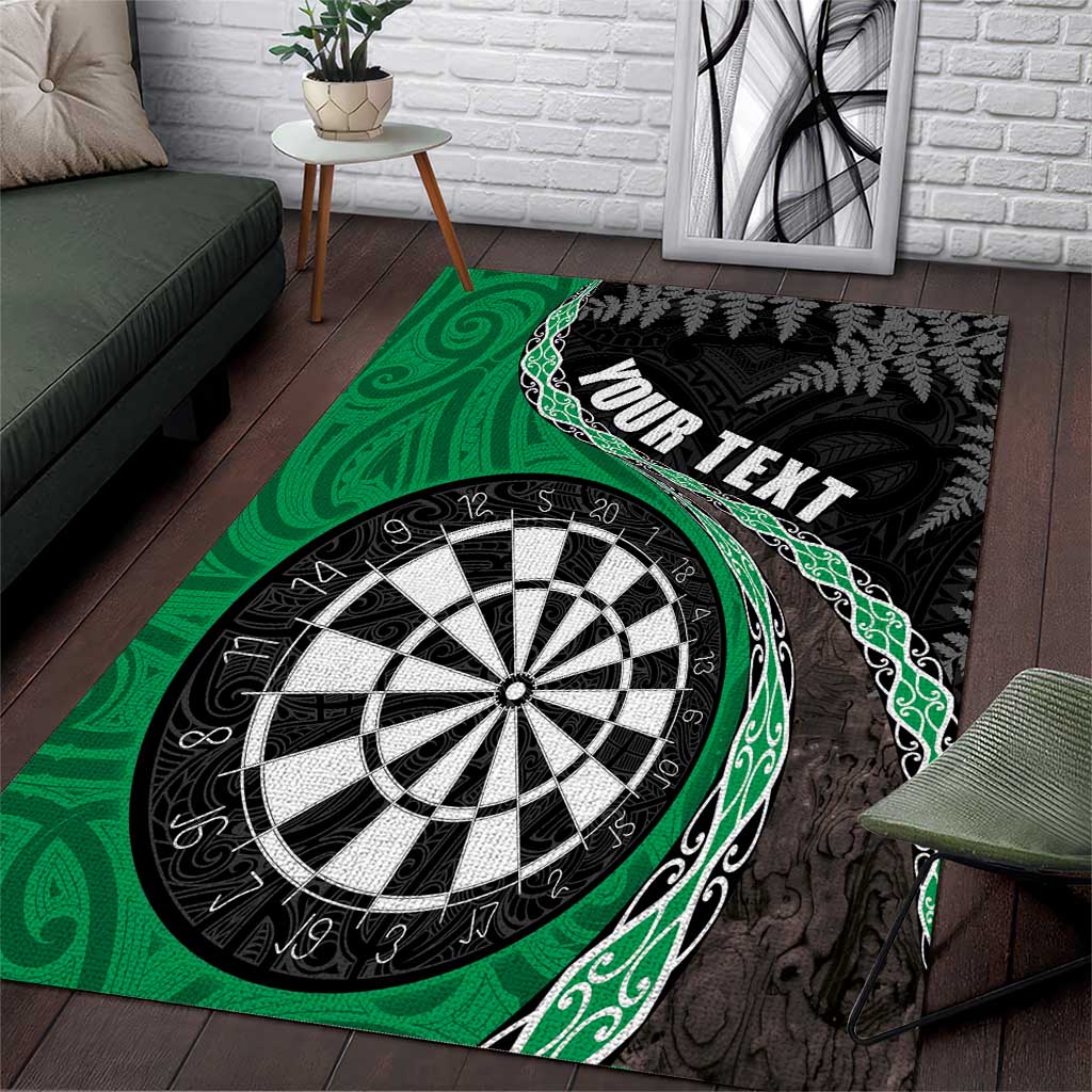 Personalised New Zealand Darts Area Rug Koru Tribal Tattoo and Silver Fern Maori Pattern Green Color