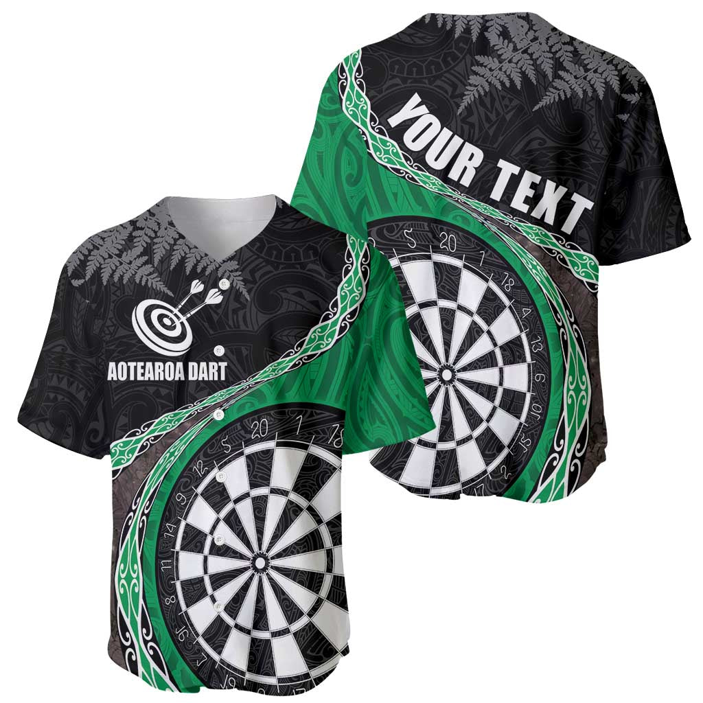 Personalised New Zealand Darts Baseball Jersey Koru Tribal Tattoo and Silver Fern Maori Pattern Green Color