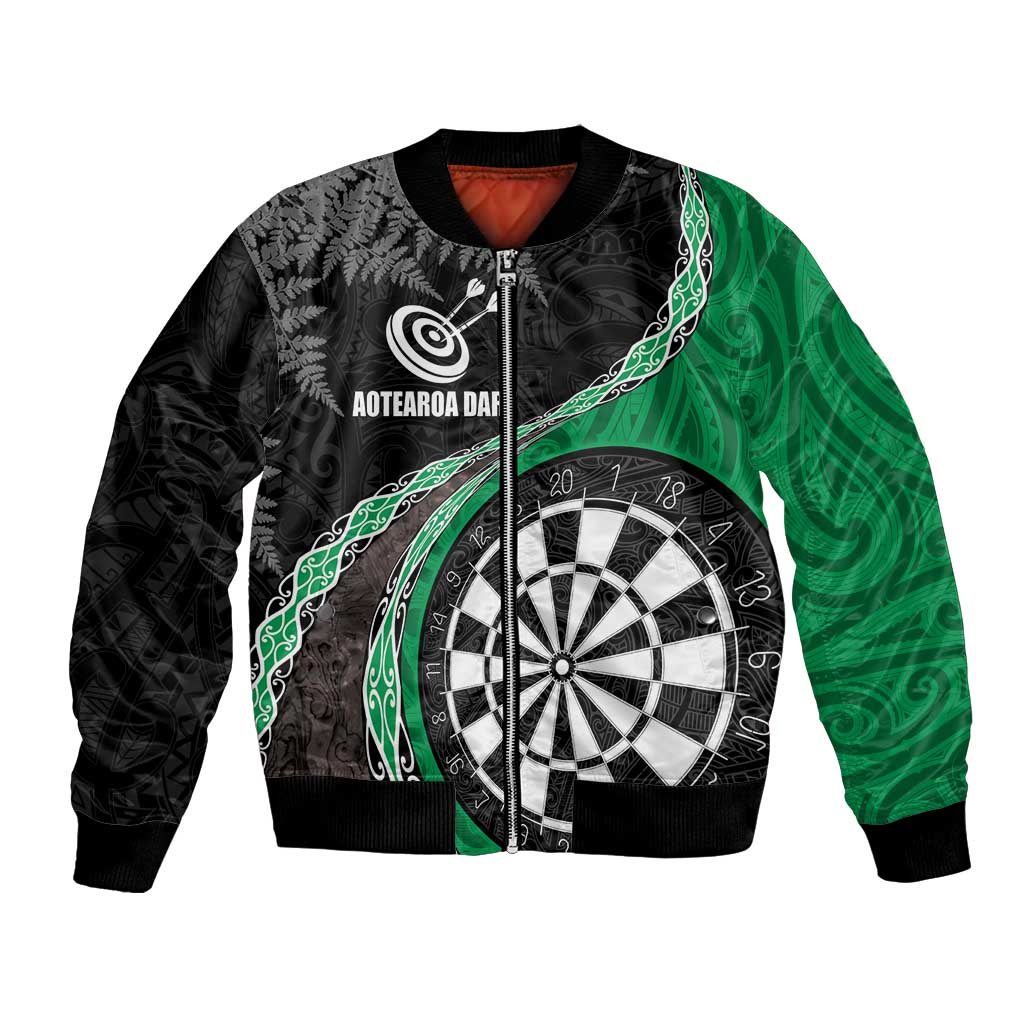 Personalised New Zealand Darts Bomber Jacket Koru Tribal Tattoo and Silver Fern Maori Pattern Green Color