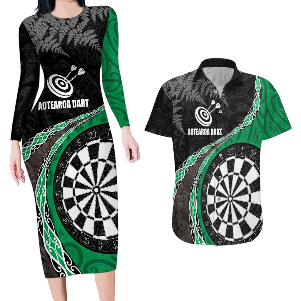 Personalised New Zealand Darts Couples Matching Long Sleeve Bodycon Dress and Hawaiian Shirt Koru Tribal Tattoo and Silver Fern Maori Pattern Green Color LT03 Green - Polynesian Pride