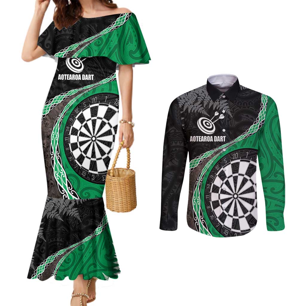 Personalised New Zealand Darts Couples Matching Mermaid Dress and Long Sleeve Button Shirt Koru Tribal Tattoo and Silver Fern Maori Pattern Green Color