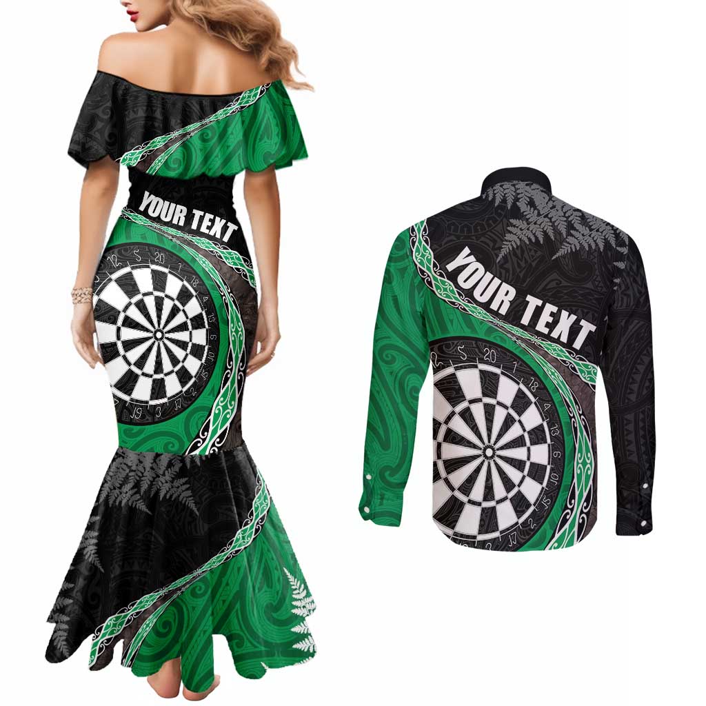 Personalised New Zealand Darts Couples Matching Mermaid Dress and Long Sleeve Button Shirt Koru Tribal Tattoo and Silver Fern Maori Pattern Green Color