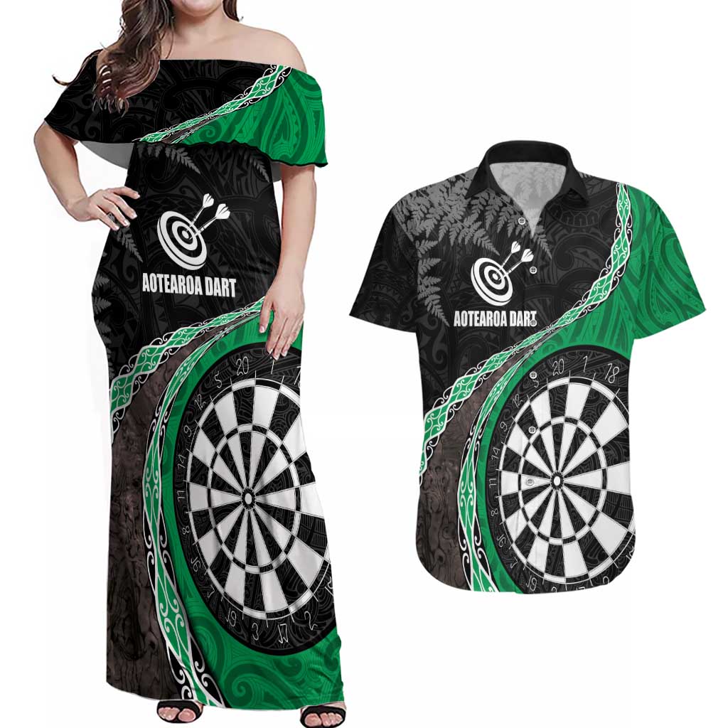 Personalised New Zealand Darts Couples Matching Off Shoulder Maxi Dress and Hawaiian Shirt Koru Tribal Tattoo and Silver Fern Maori Pattern Green Color