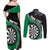 Personalised New Zealand Darts Couples Matching Off Shoulder Maxi Dress and Long Sleeve Button Shirt Koru Tribal Tattoo and Silver Fern Maori Pattern Green Color