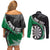 Personalised New Zealand Darts Couples Matching Off Shoulder Short Dress and Long Sleeve Button Shirt Koru Tribal Tattoo and Silver Fern Maori Pattern Green Color