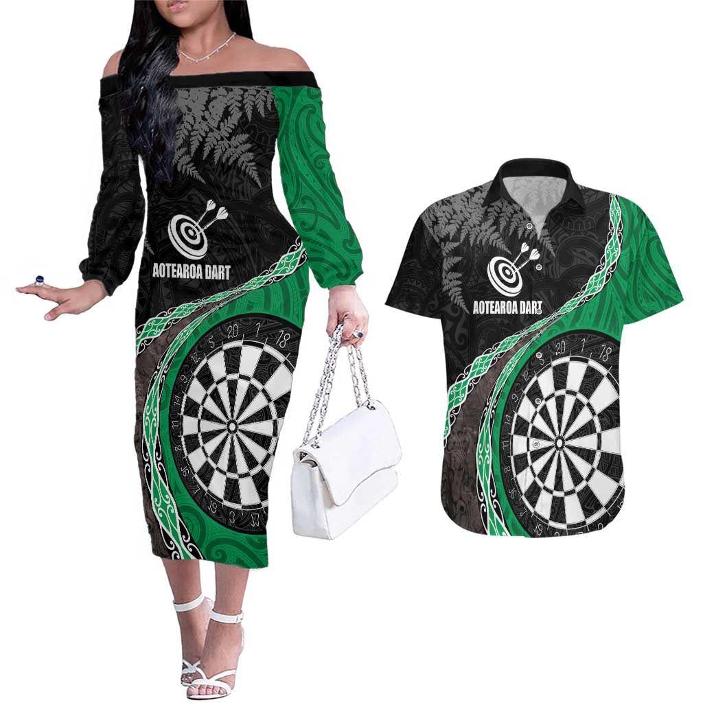 Personalised New Zealand Darts Couples Matching Off The Shoulder Long Sleeve Dress and Hawaiian Shirt Koru Tribal Tattoo and Silver Fern Maori Pattern Green Color LT03 Green - Polynesian Pride