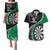 Personalised New Zealand Darts Couples Matching Puletasi and Hawaiian Shirt Koru Tribal Tattoo and Silver Fern Maori Pattern Green Color