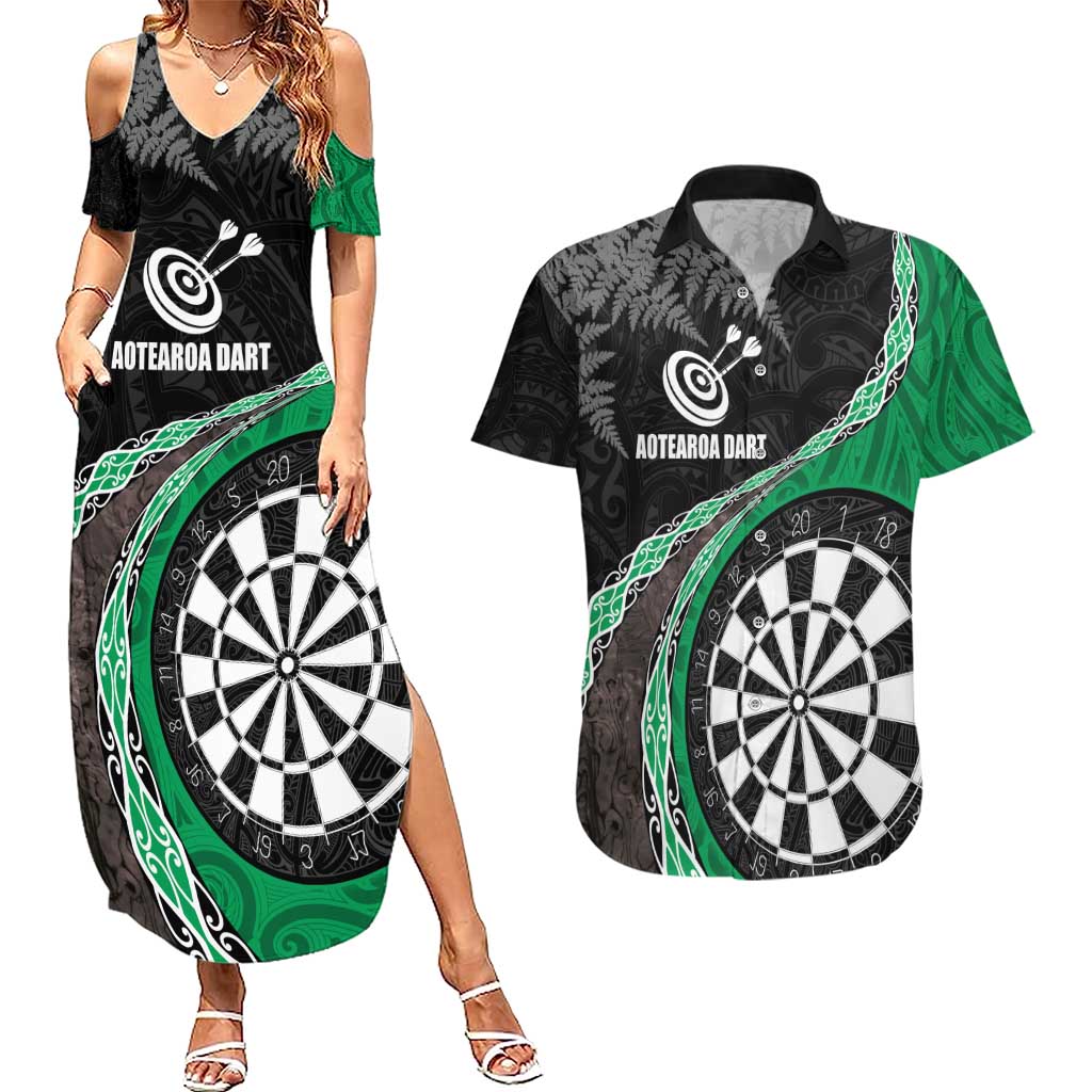 Personalised New Zealand Darts Couples Matching Summer Maxi Dress and Hawaiian Shirt Koru Tribal Tattoo and Silver Fern Maori Pattern Green Color