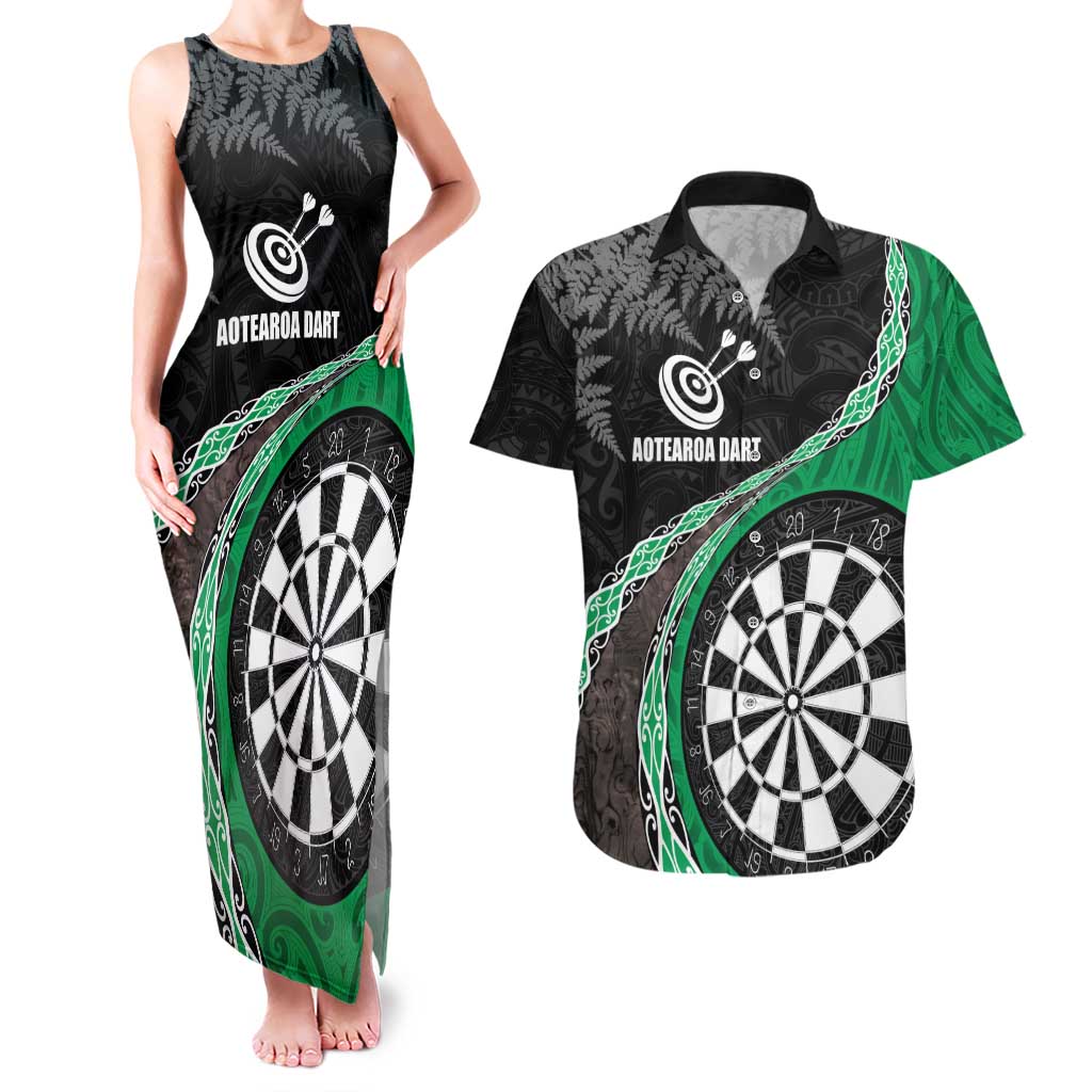 Personalised New Zealand Darts Couples Matching Tank Maxi Dress and Hawaiian Shirt Koru Tribal Tattoo and Silver Fern Maori Pattern Green Color