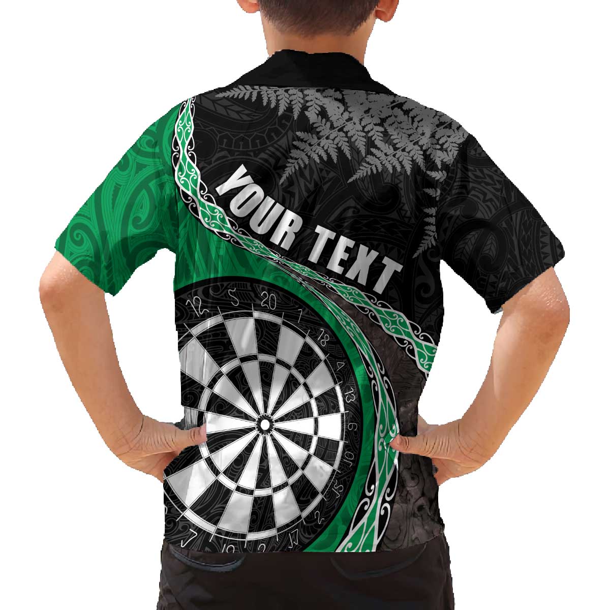 Personalised New Zealand Darts Family Matching Off The Shoulder Long Sleeve Dress and Hawaiian Shirt Koru Tribal Tattoo and Silver Fern Maori Pattern Green Color