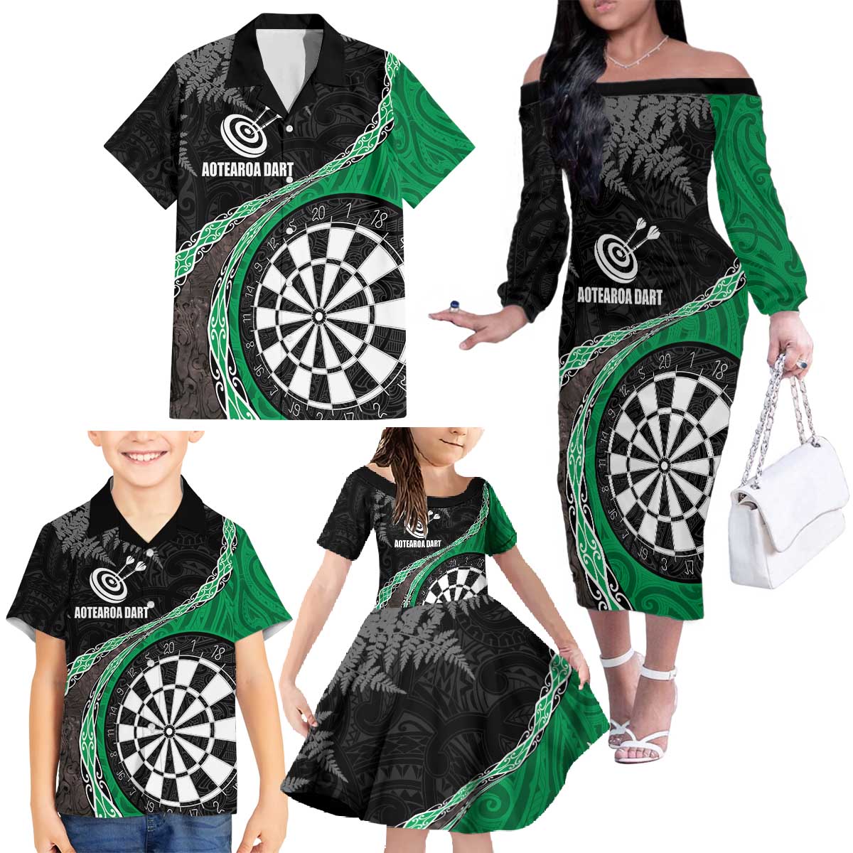 Personalised New Zealand Darts Family Matching Off The Shoulder Long Sleeve Dress and Hawaiian Shirt Koru Tribal Tattoo and Silver Fern Maori Pattern Green Color LT03 - Polynesian Pride