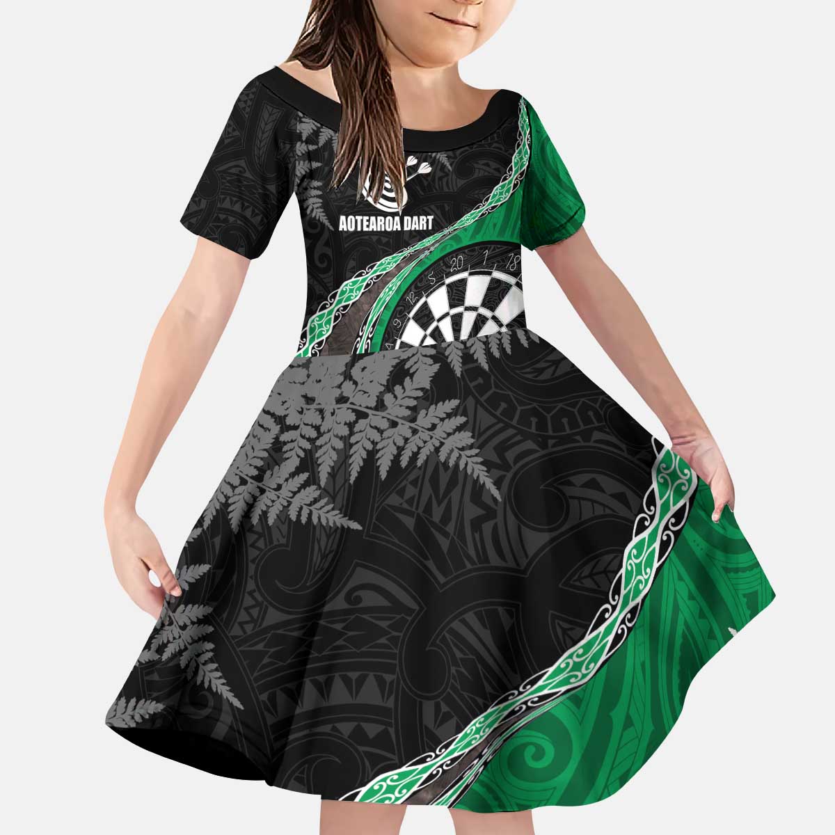 Personalised New Zealand Darts Family Matching Puletasi and Hawaiian Shirt Koru Tribal Tattoo and Silver Fern Maori Pattern Green Color