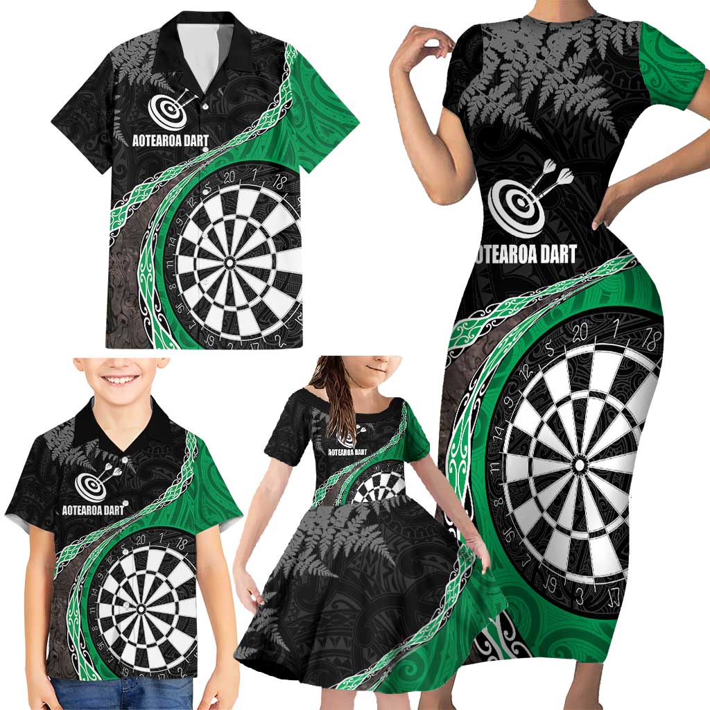 Personalised New Zealand Darts Family Matching Short Sleeve Bodycon Dress and Hawaiian Shirt Koru Tribal Tattoo and Silver Fern Maori Pattern Green Color LT03 - Polynesian Pride