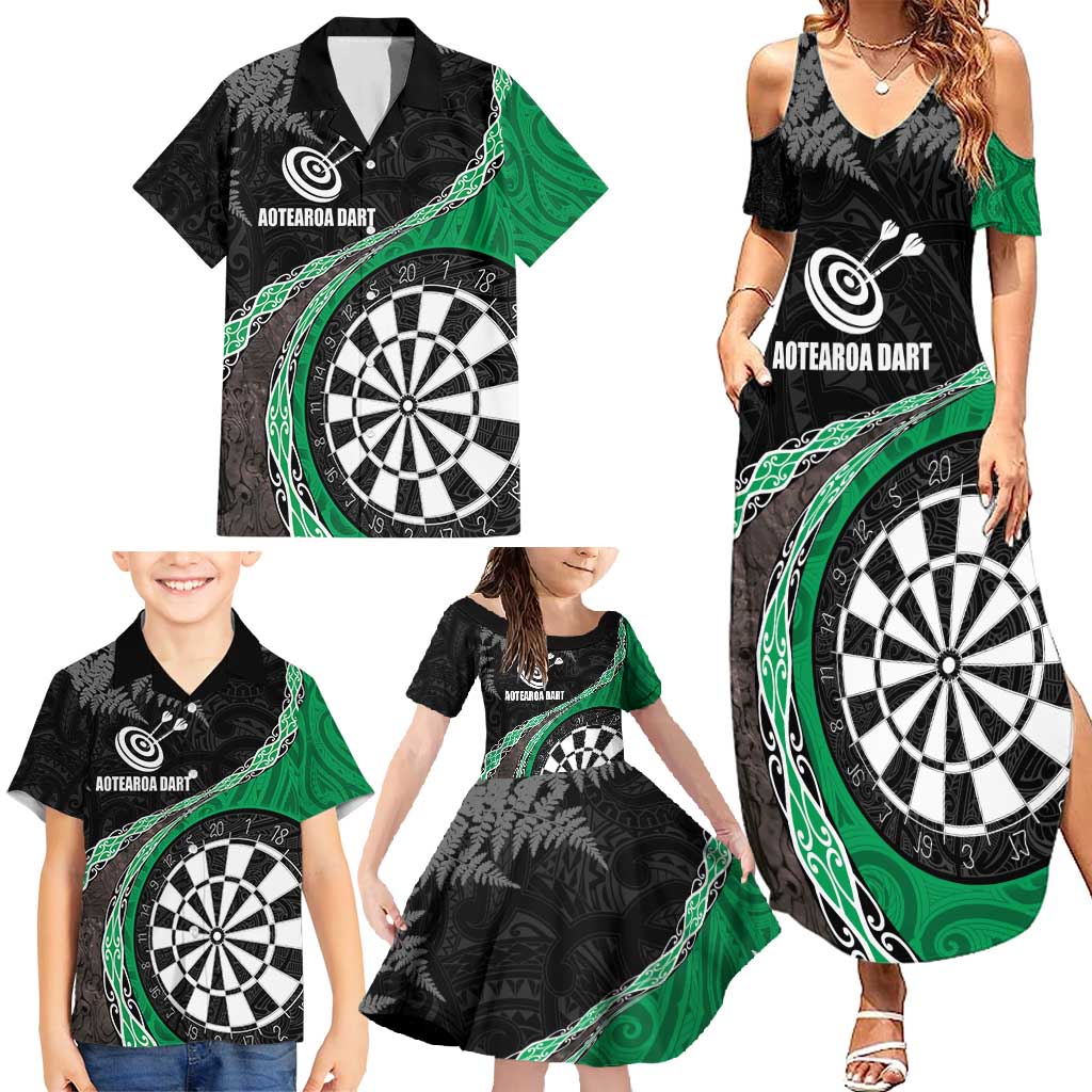 Personalised New Zealand Darts Family Matching Summer Maxi Dress and Hawaiian Shirt Koru Tribal Tattoo and Silver Fern Maori Pattern Green Color LT03 - Polynesian Pride