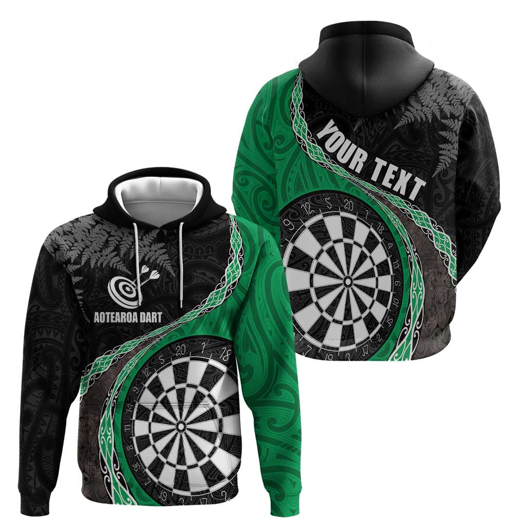Personalised New Zealand Darts Hoodie Koru Tribal Tattoo and Silver Fern Maori Pattern Green Color