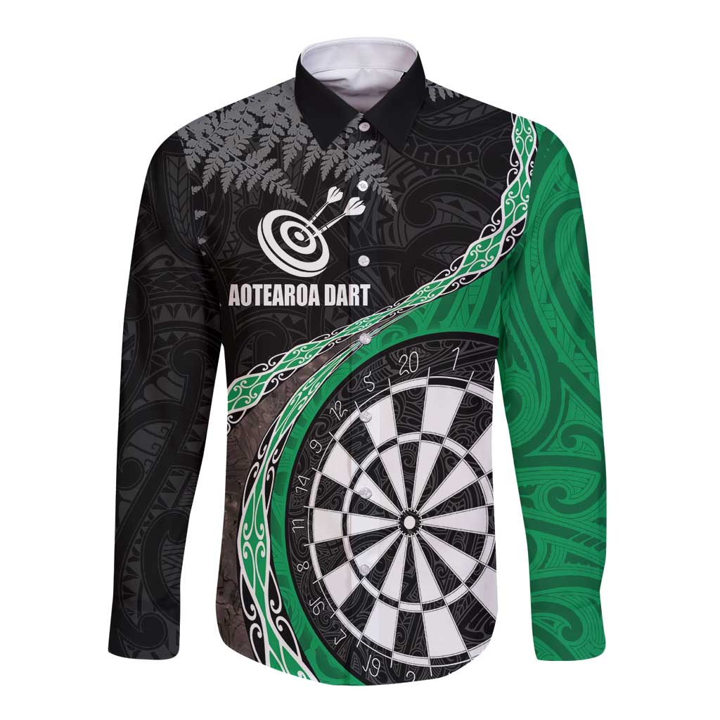 Personalised New Zealand Darts Long Sleeve Button Shirt Koru Tribal Tattoo and Silver Fern Maori Pattern Green Color