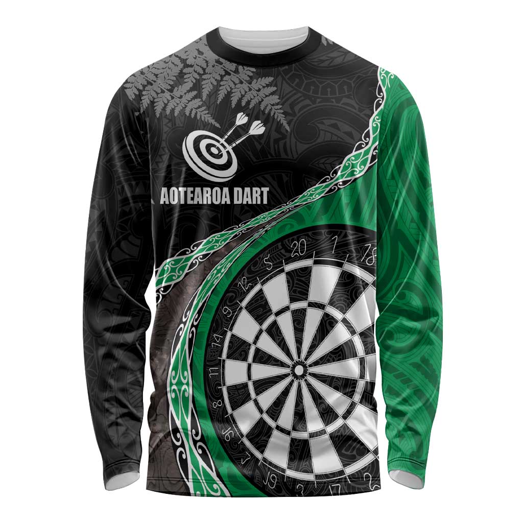 Personalised New Zealand Darts Long Sleeve Shirt Koru Tribal Tattoo and Silver Fern Maori Pattern Green Color