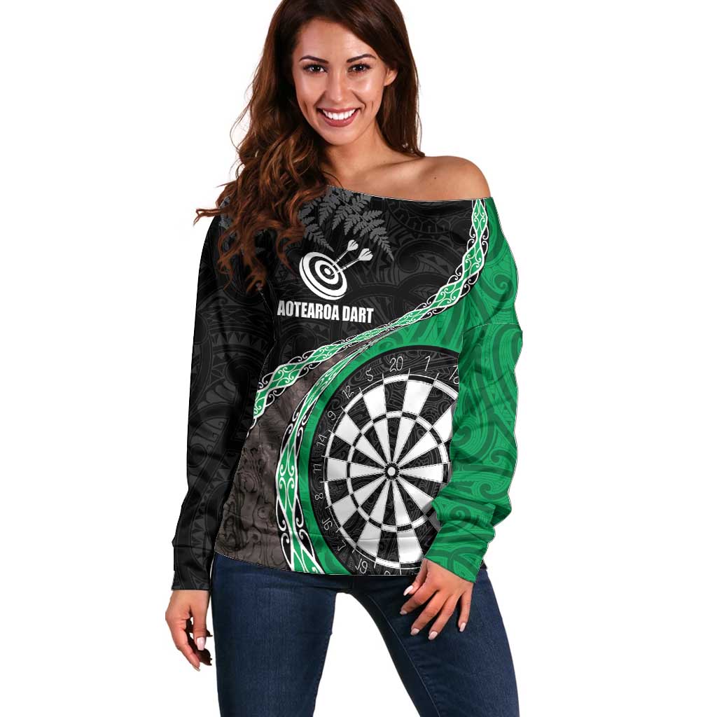 Personalised New Zealand Darts Off Shoulder Sweater Koru Tribal Tattoo and Silver Fern Maori Pattern Green Color