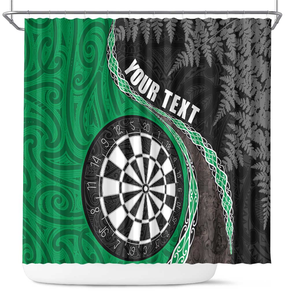 Personalised New Zealand Darts Shower Curtain Koru Tribal Tattoo and Silver Fern Maori Pattern Green Color