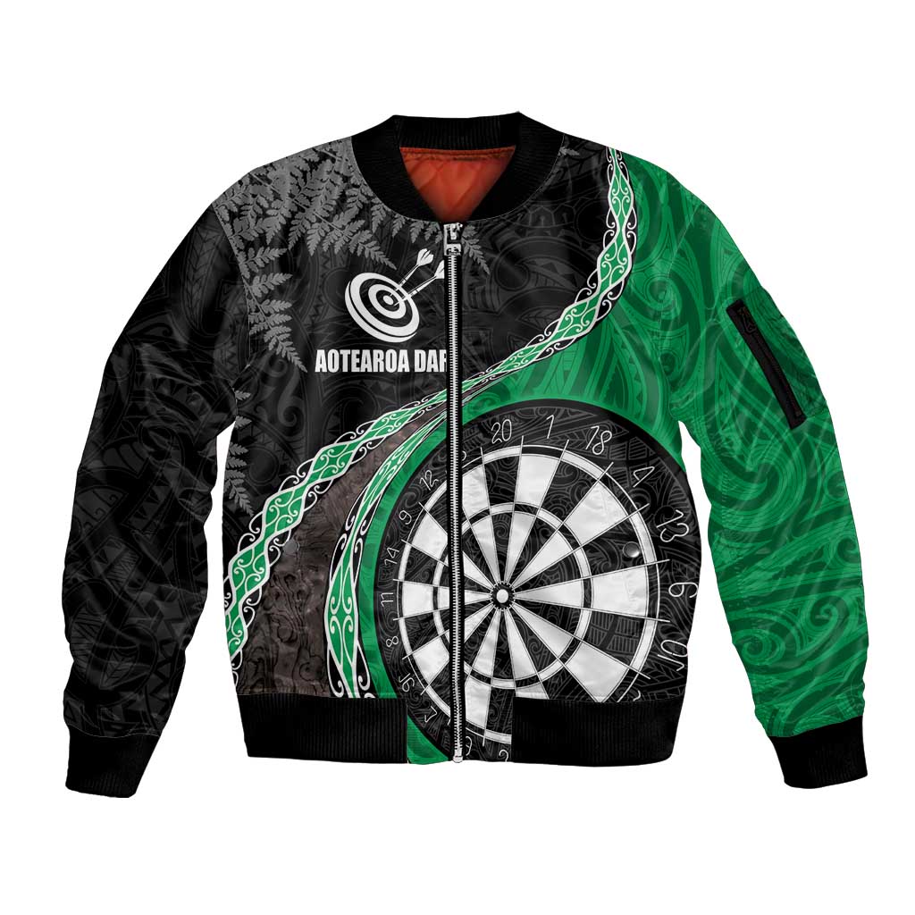 Personalised New Zealand Darts Sleeve Zip Bomber Jacket Koru Tribal Tattoo and Silver Fern Maori Pattern Green Color