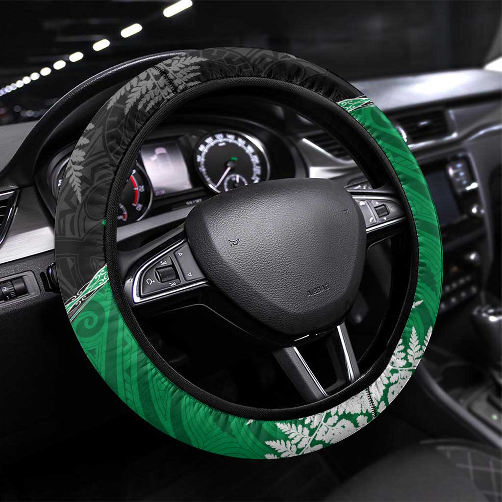 New Zealand Darts Steering Wheel Cover Koru Tribal Tattoo and Silver Fern Maori Pattern Green Color LT03 Universal Fit Green - Polynesian Pride