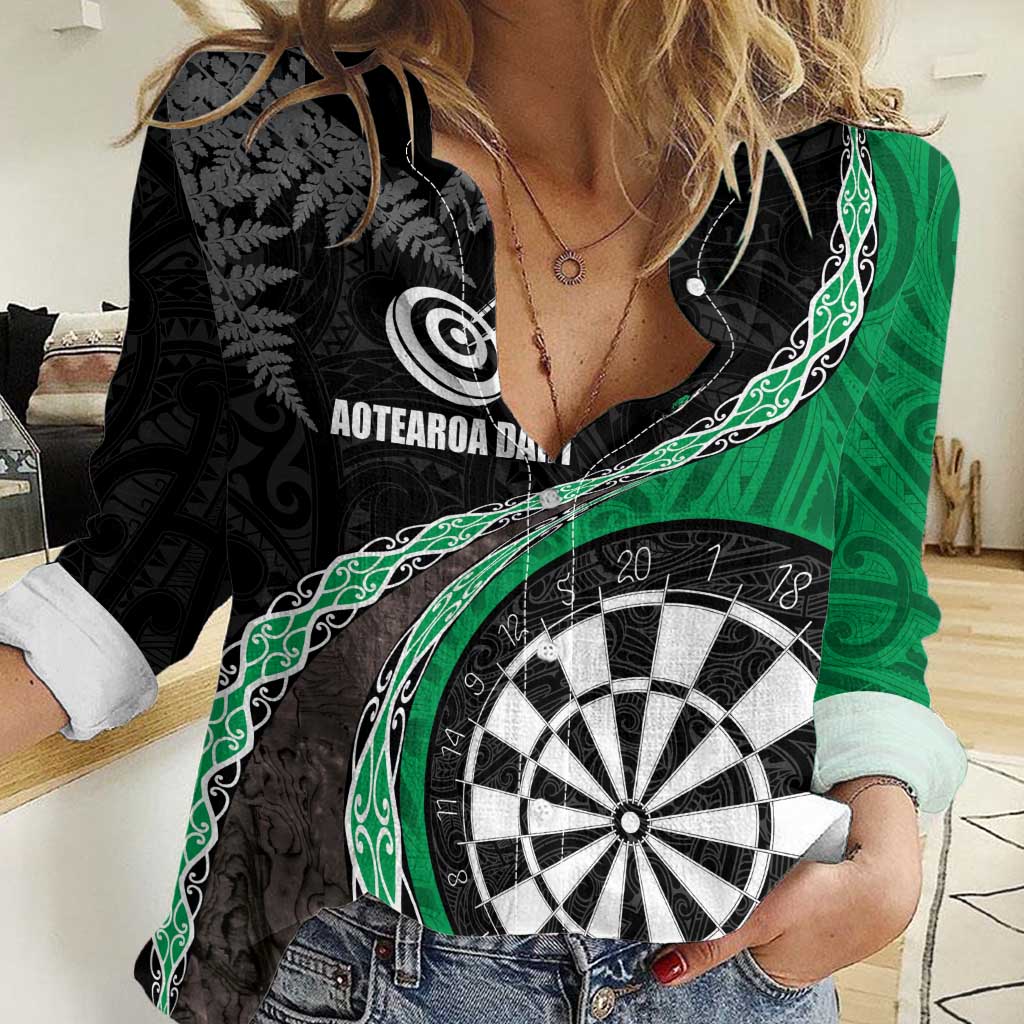 Personalised New Zealand Darts Women Casual Shirt Koru Tribal Tattoo and Silver Fern Maori Pattern Green Color