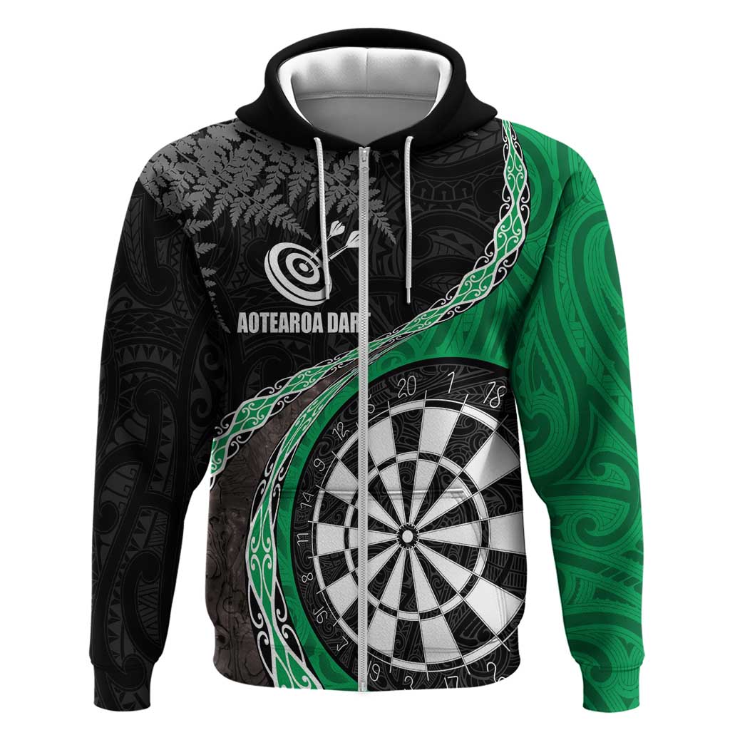 Personalised New Zealand Darts Zip Hoodie Koru Tribal Tattoo and Silver Fern Maori Pattern Green Color