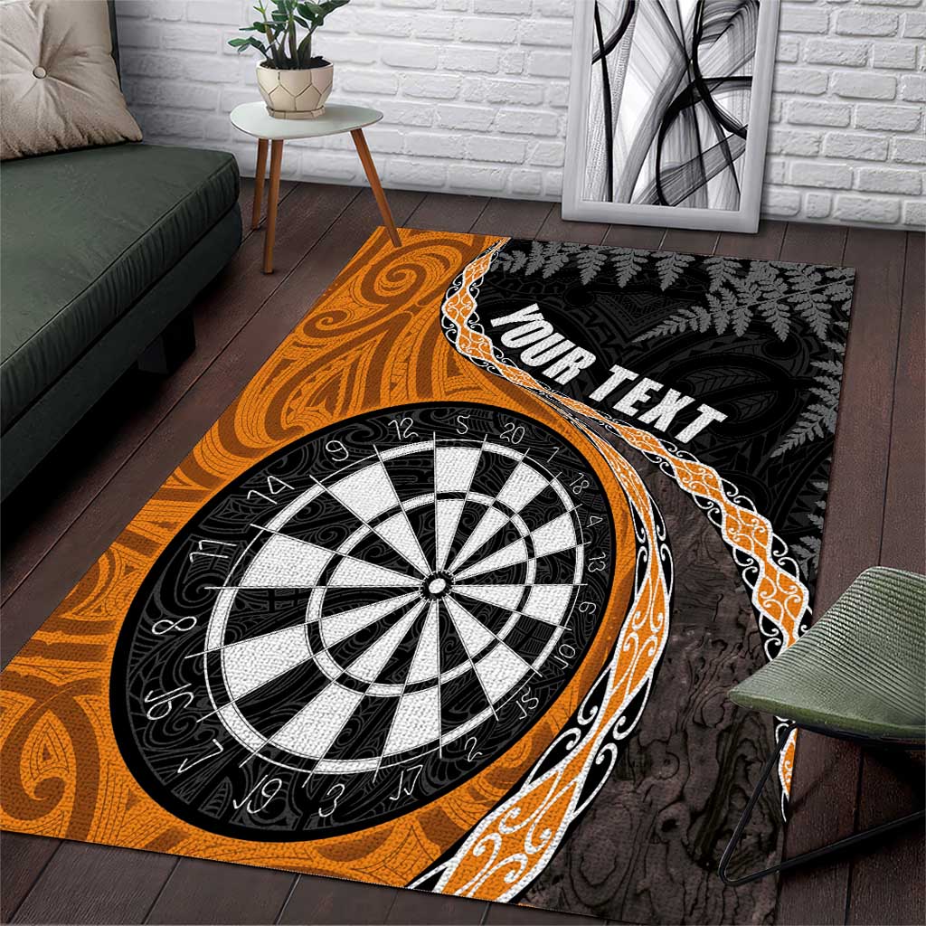 Personalised New Zealand Darts Area Rug Koru Tribal Tattoo and Silver Fern Maori Pattern Orange Color