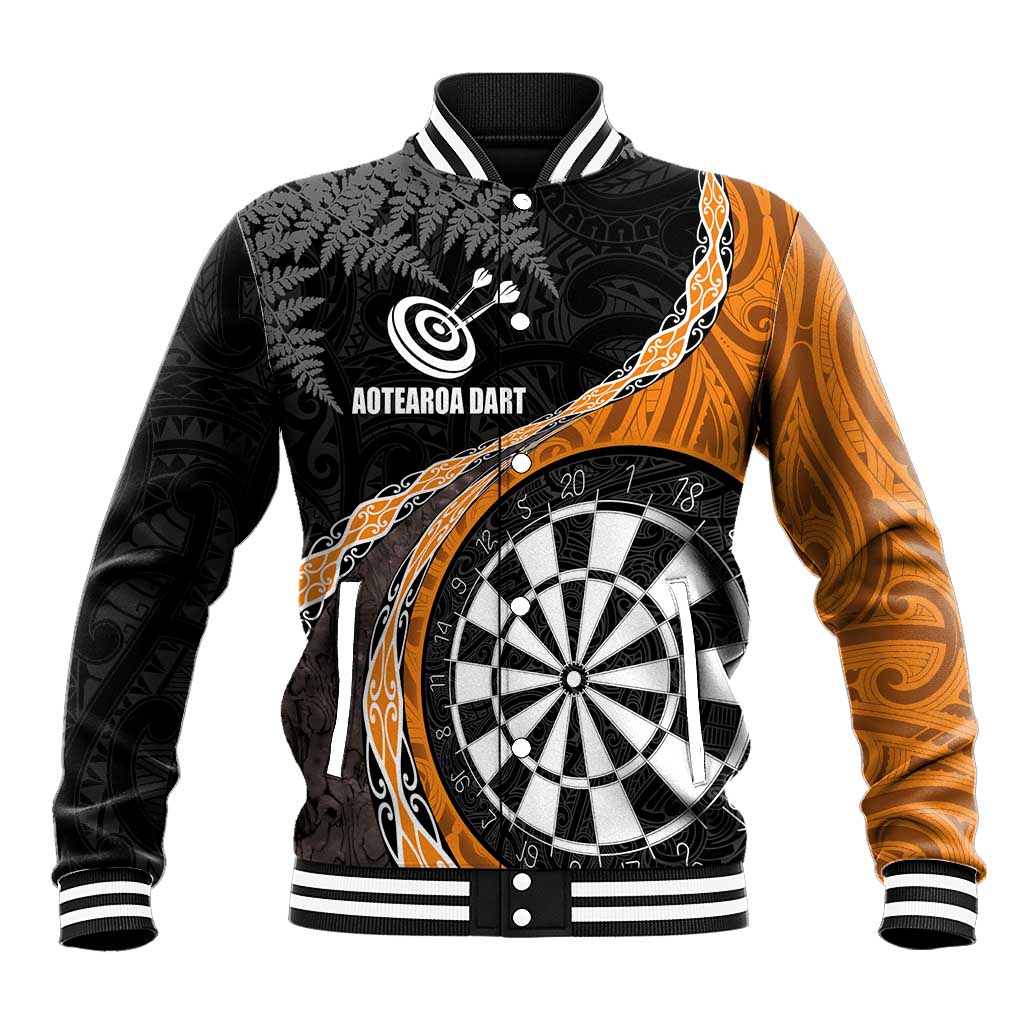 Personalised New Zealand Darts Baseball Jacket Koru Tribal Tattoo and Silver Fern Maori Pattern Orange Color