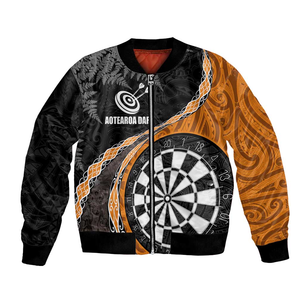 Personalised New Zealand Darts Bomber Jacket Koru Tribal Tattoo and Silver Fern Maori Pattern Orange Color