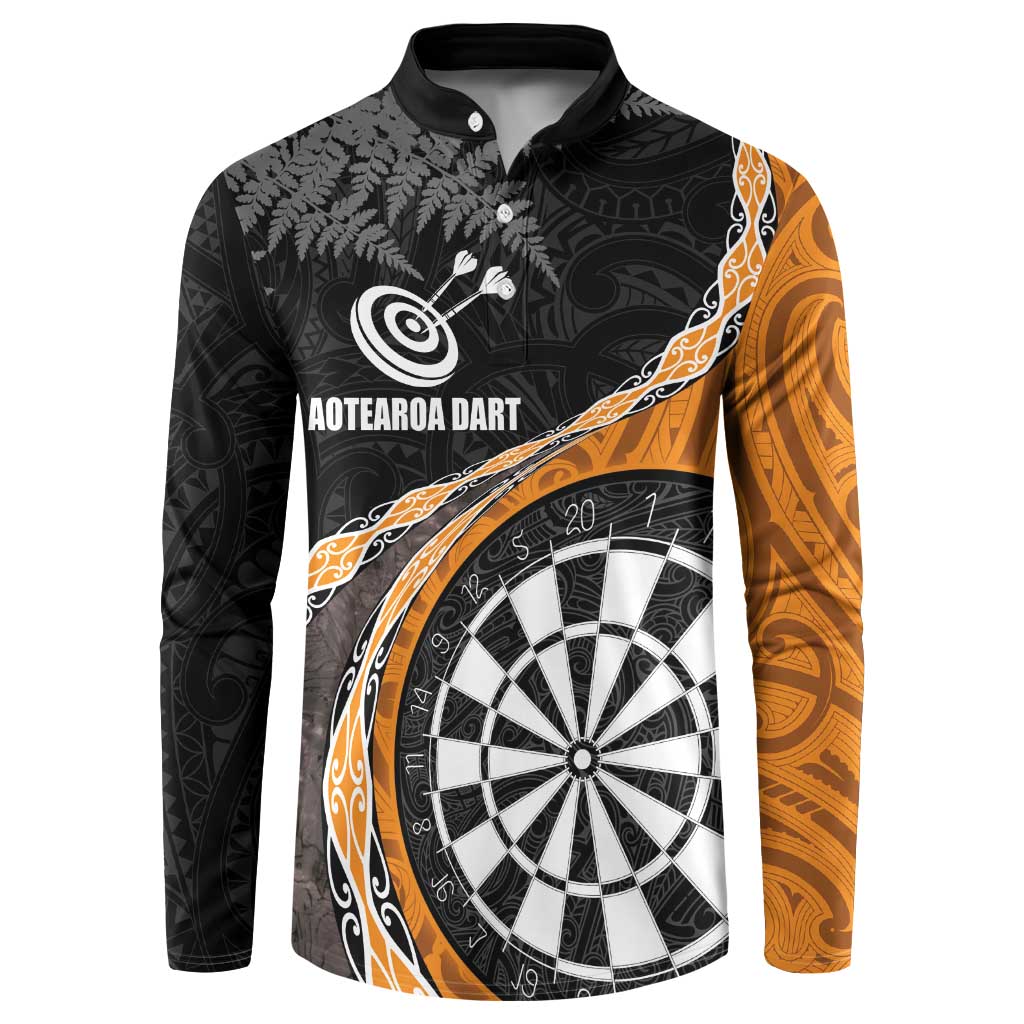 Personalised New Zealand Darts Button Sweatshirt Koru Tribal Tattoo and Silver Fern Maori Pattern Orange Color