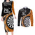 Personalised New Zealand Darts Couples Matching Long Sleeve Bodycon Dress and Long Sleeve Button Shirt Koru Tribal Tattoo and Silver Fern Maori Pattern Orange Color