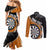 Personalised New Zealand Darts Couples Matching Mermaid Dress and Long Sleeve Button Shirt Koru Tribal Tattoo and Silver Fern Maori Pattern Orange Color