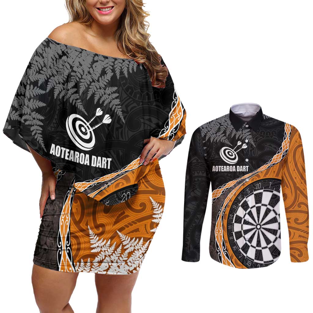 Personalised New Zealand Darts Couples Matching Off Shoulder Short Dress and Long Sleeve Button Shirt Koru Tribal Tattoo and Silver Fern Maori Pattern Orange Color LT03 Orange - Polynesian Pride