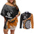 Personalised New Zealand Darts Couples Matching Off Shoulder Short Dress and Long Sleeve Button Shirt Koru Tribal Tattoo and Silver Fern Maori Pattern Orange Color