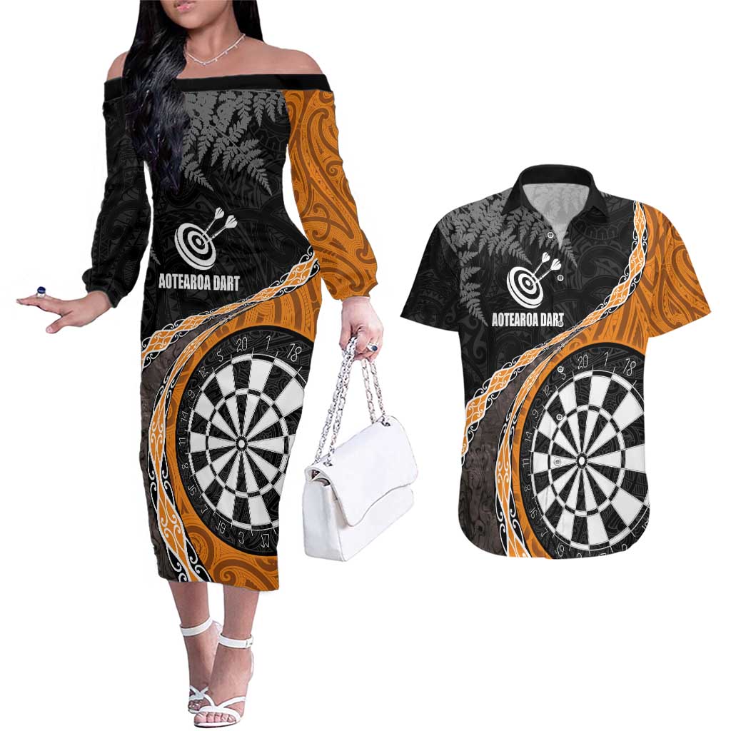 Personalised New Zealand Darts Couples Matching Off The Shoulder Long Sleeve Dress and Hawaiian Shirt Koru Tribal Tattoo and Silver Fern Maori Pattern Orange Color LT03 Orange - Polynesian Pride
