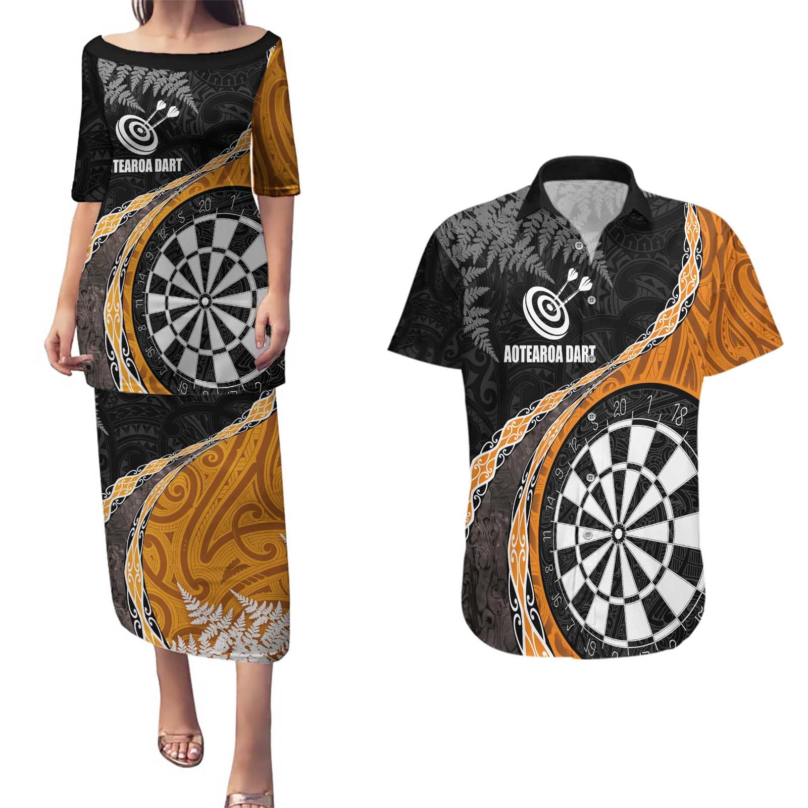Personalised New Zealand Darts Couples Matching Puletasi and Hawaiian Shirt Koru Tribal Tattoo and Silver Fern Maori Pattern Orange Color LT03 Orange - Polynesian Pride