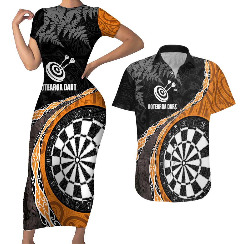 Personalised New Zealand Darts Couples Matching Short Sleeve Bodycon Dress and Hawaiian Shirt Koru Tribal Tattoo and Silver Fern Maori Pattern Orange Color LT03 Orange - Polynesian Pride