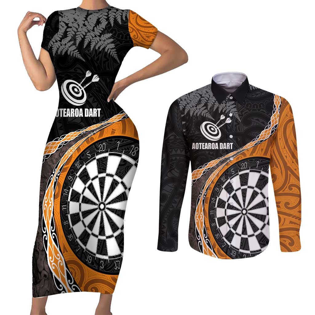 Personalised New Zealand Darts Couples Matching Short Sleeve Bodycon Dress and Long Sleeve Button Shirt Koru Tribal Tattoo and Silver Fern Maori Pattern Orange Color