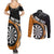 Personalised New Zealand Darts Couples Matching Summer Maxi Dress and Long Sleeve Button Shirt Koru Tribal Tattoo and Silver Fern Maori Pattern Orange Color