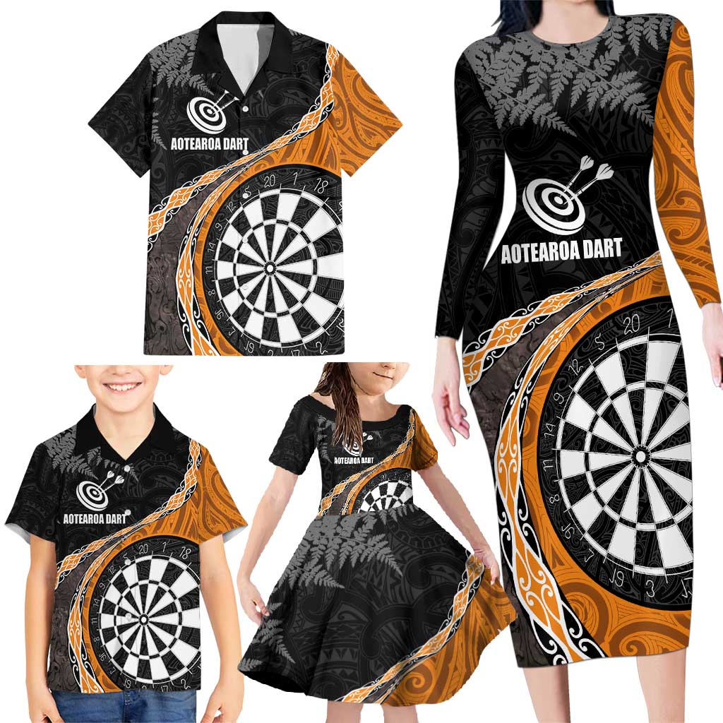 Personalised New Zealand Darts Family Matching Long Sleeve Bodycon Dress and Hawaiian Shirt Koru Tribal Tattoo and Silver Fern Maori Pattern Orange Color LT03 - Polynesian Pride