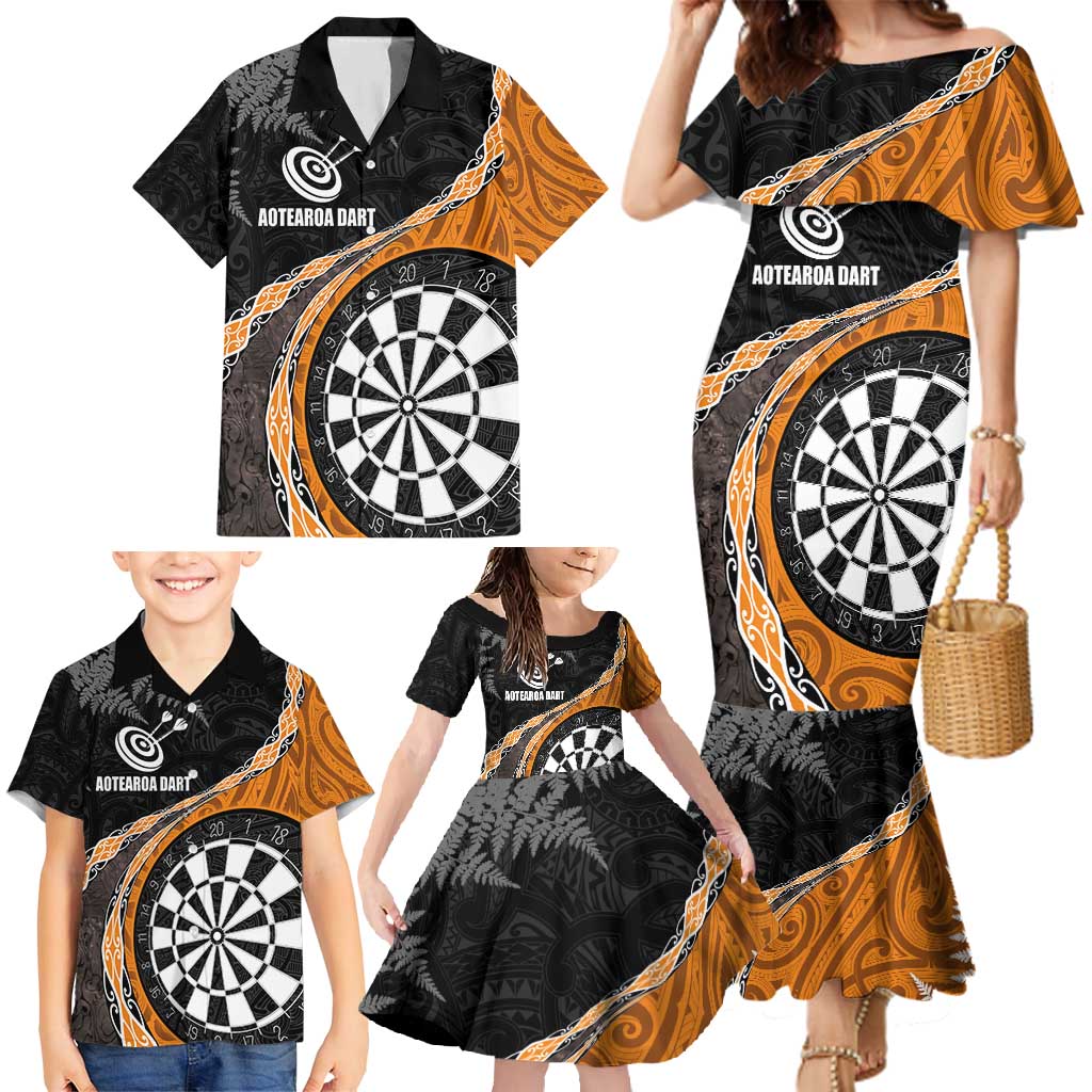 Personalised New Zealand Darts Family Matching Mermaid Dress and Hawaiian Shirt Koru Tribal Tattoo and Silver Fern Maori Pattern Orange Color