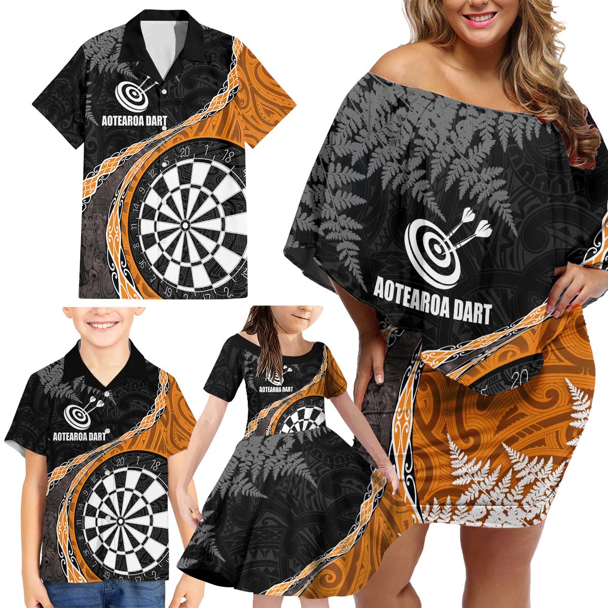 Personalised New Zealand Darts Family Matching Off Shoulder Short Dress and Hawaiian Shirt Koru Tribal Tattoo and Silver Fern Maori Pattern Orange Color LT03 - Polynesian Pride