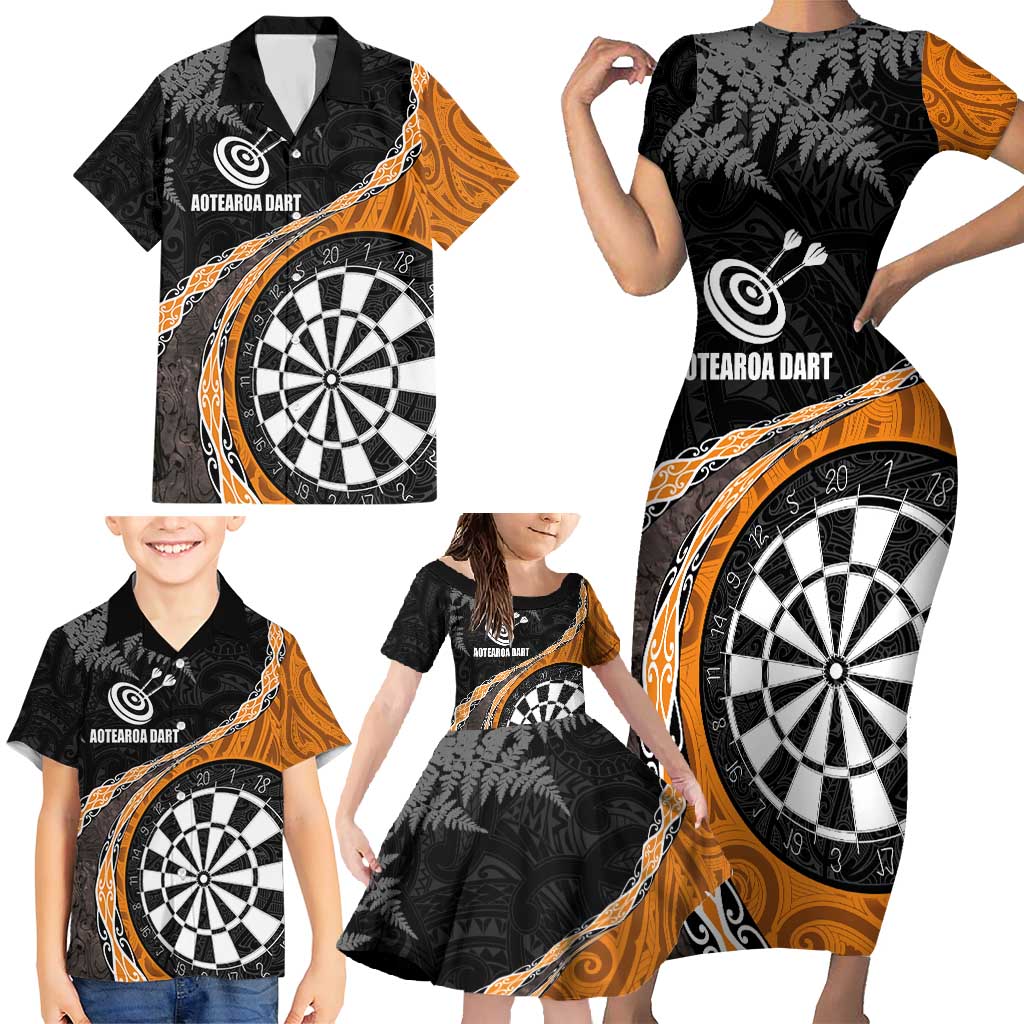 Personalised New Zealand Darts Family Matching Short Sleeve Bodycon Dress and Hawaiian Shirt Koru Tribal Tattoo and Silver Fern Maori Pattern Orange Color LT03 - Polynesian Pride