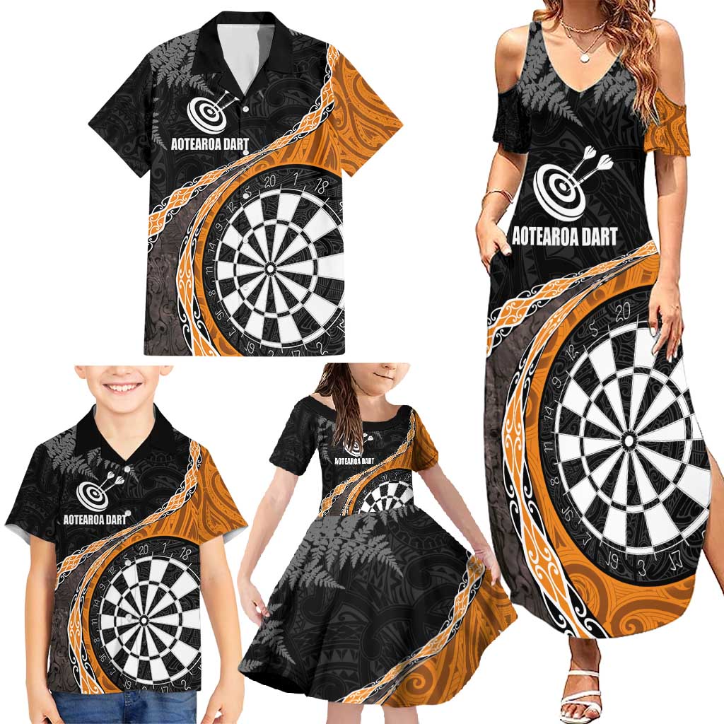 Personalised New Zealand Darts Family Matching Summer Maxi Dress and Hawaiian Shirt Koru Tribal Tattoo and Silver Fern Maori Pattern Orange Color LT03 - Polynesian Pride